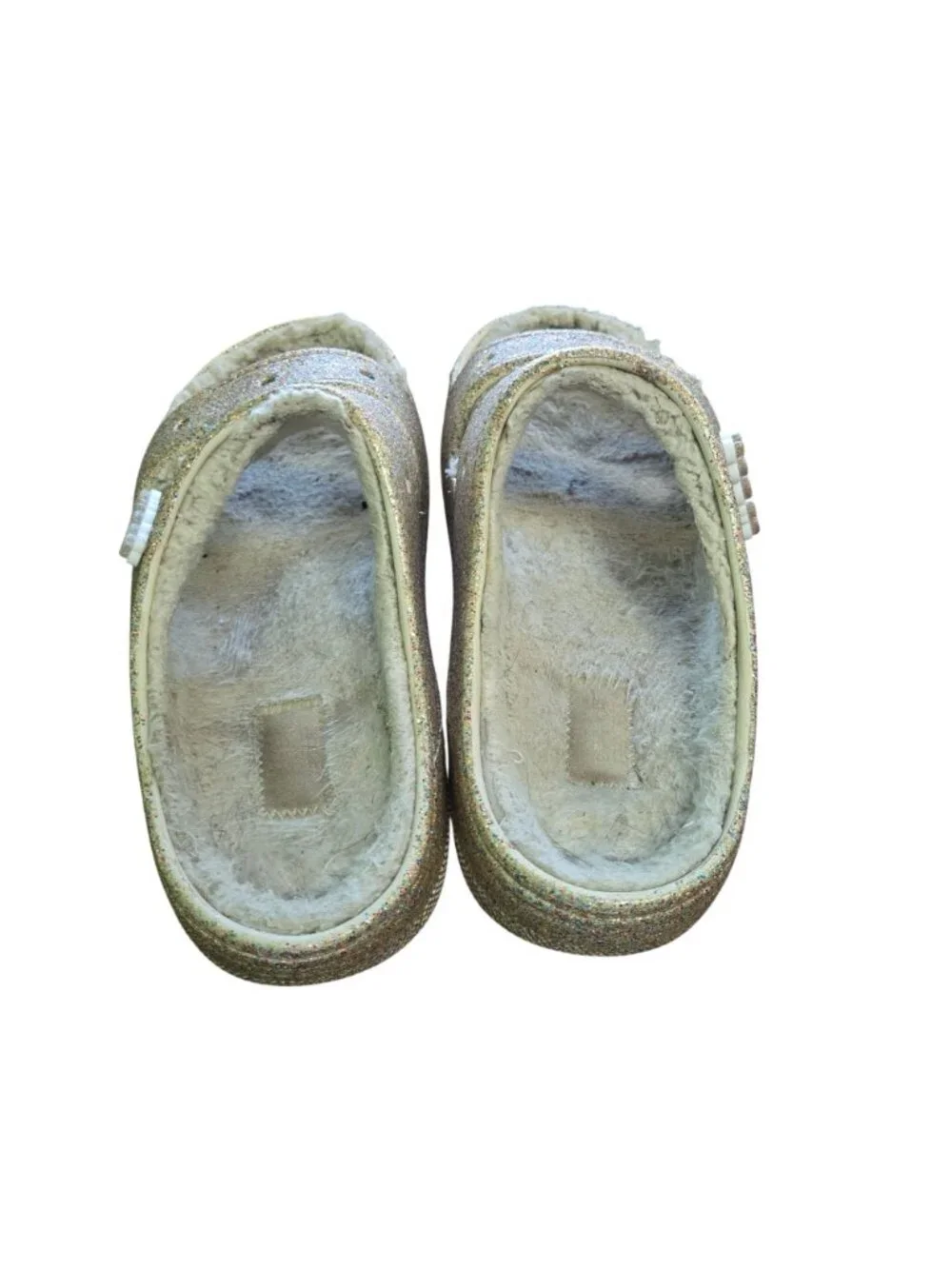 Crocs Classic Cozzy Glitter Sandals Gold Multi Faux Sherpa Lined Size M 7/W 9